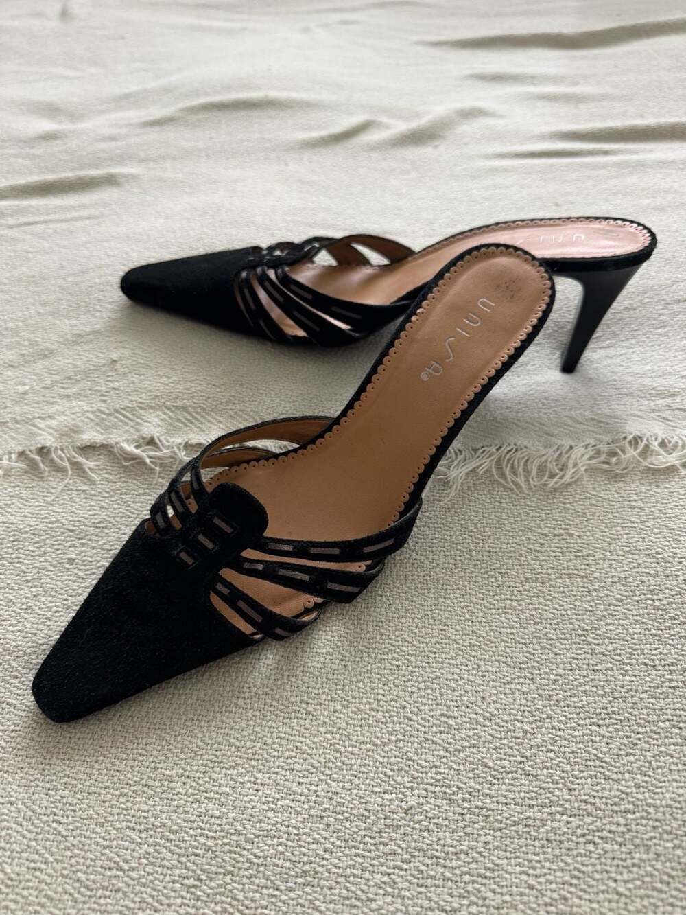 Unisa Black Suede Pointed Toe Cut-Out Kitten Heel Mules - Picture 4 of 4